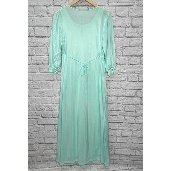 Vintage Texsheen Peignoir Nightgown Set Teal Blue Size M Shiny Long Floral 60/70 - Picture 13 of 14